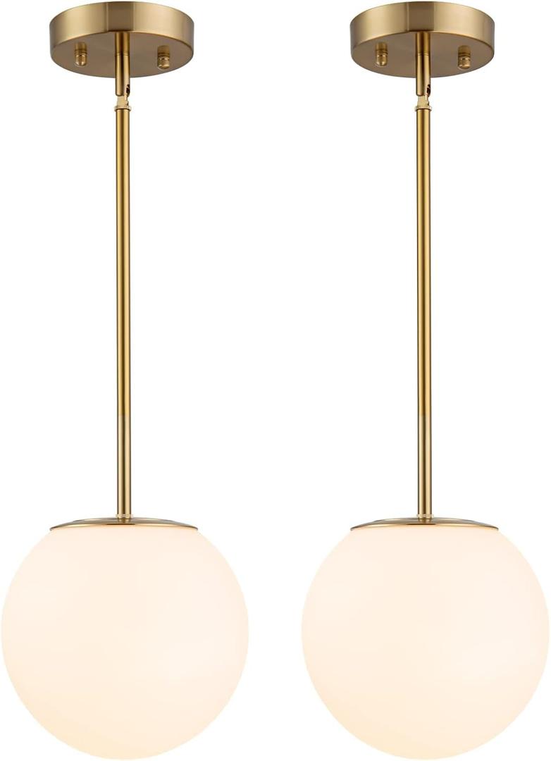 Modern Globe Pendant Light Mid Century Opal Glass Hanging Light Fixture Gold Finish, 2-Light Glass Pendant Lighting for Kitchen Island Dining Room Bedroom Hallway and Bathroom, Glass - 2-Pack