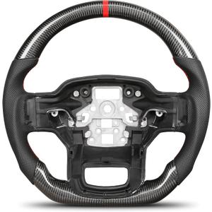 Carbon Fiber Steering Wheel for Ford F-150 2021-2025, D-Shaped Flat Bottom Design with Red Center Line and Leather Grip