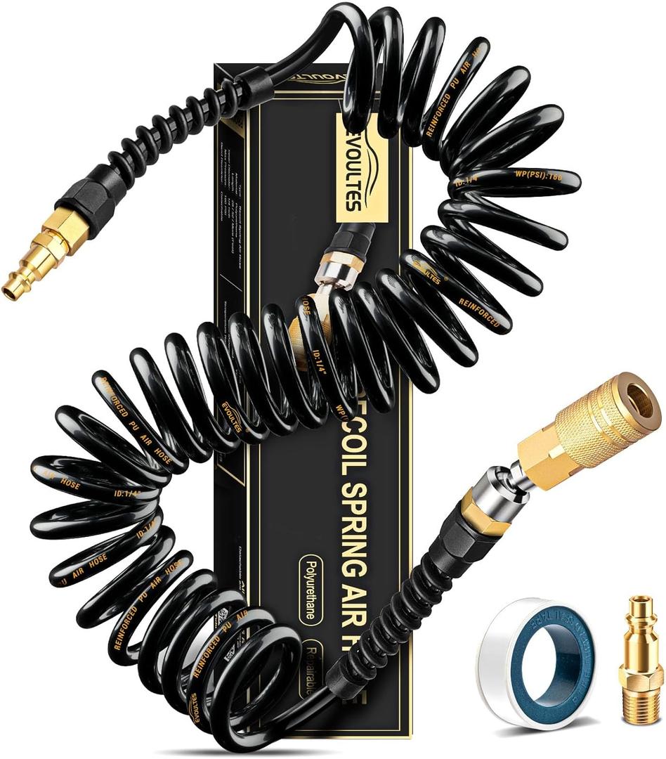 EVOULTES 1/4 In x 28 Ft Polyurethane Recoil Air Hose, Upgraded Air Compressor Hose with Repairable Bend Restrictor, Air Hose kit w/ 360° Swivel 1/4" NPT Coupler & Brass Quick Connect Air Fittings