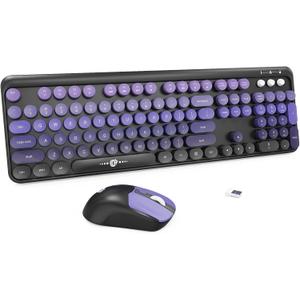 Wireless Keyboard and Mouse Combo, 104 Round Keys Cute Colorful Keyboard and Mouse with Retro Typewriter for PC/Mac/Laptop/Tablet/Computer/Windows Black Purple