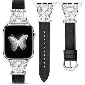 JR.DM Leather Watch Bands for Women Compatible with Apple Watch 46mm 42mm(S3/2/1) 44mm 45mm 49mm Silver Bling Butterfly Connector Slim Leather Strap for iWatch Series 11/10/9/8/7/6/5/4/3/2/1/SE/Ultra