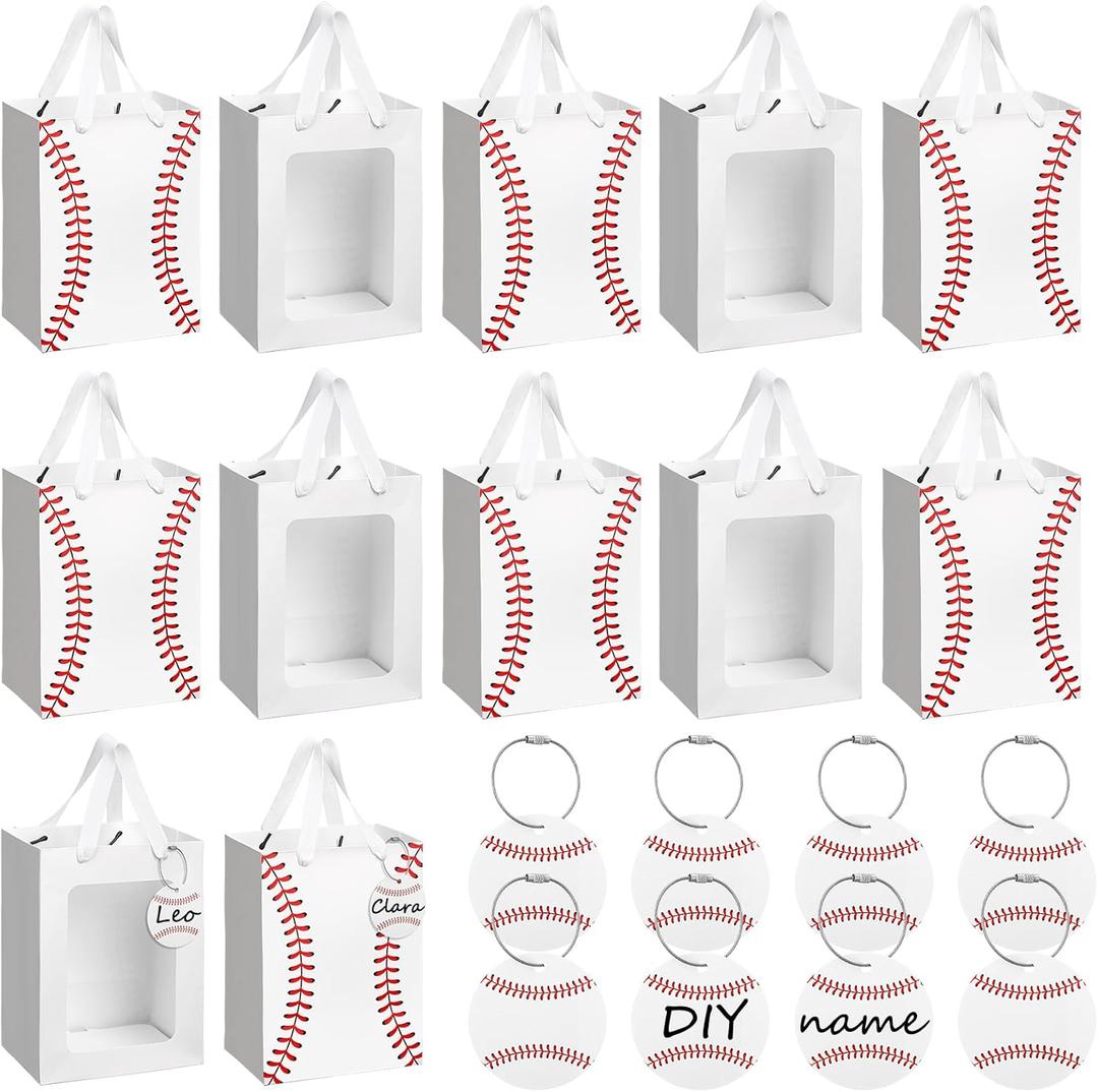 Sunnymove 12 Pcs Baseball Gift Bags with Clear Window and 12 Pcs Luggage Tags Baseball Themed Bags with Handles 7 x 5 x 10'' for Team Gifts Goodie Snacks Treats Sports Theme Games Day Party Supplies