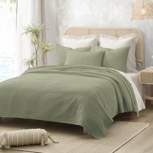 Wonderful Natural Linen Cotton Quilt - Wave Stitched Sage Green King Quilt, 100% Cotton Filling, Pre-Washed, Soft & Breathable, Hypoallergenic, All-Season Use, Bedspread & Coverlet Bedding, 104"x94"