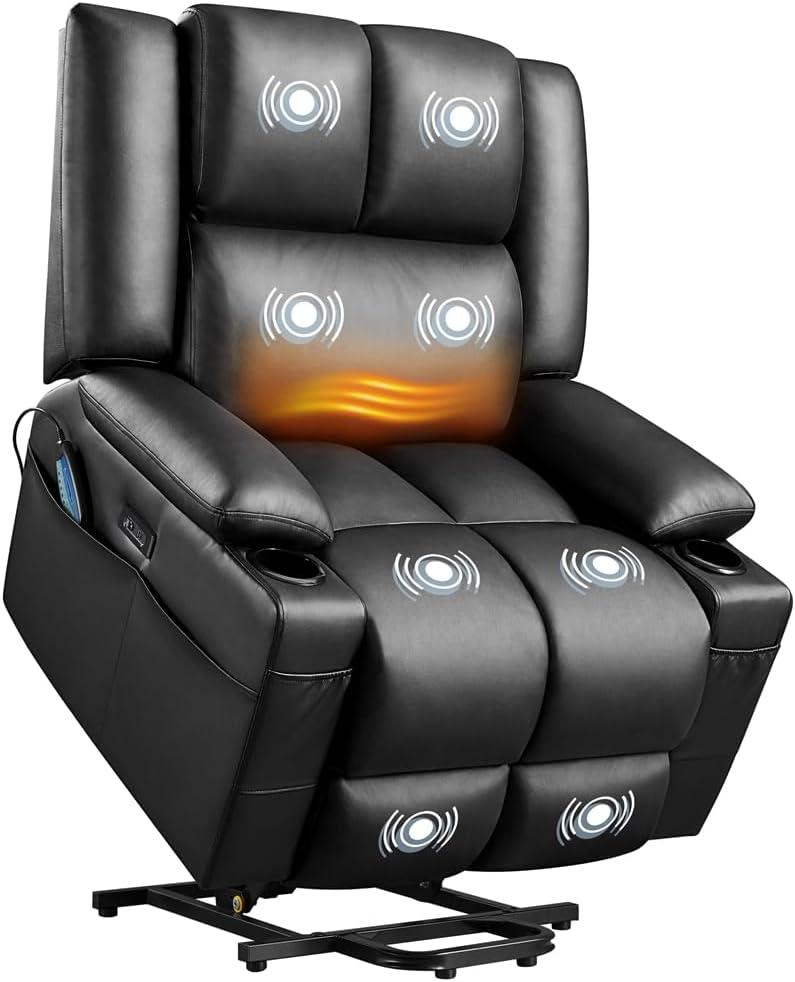 Yaheetech Large Electric Power Lift Recliner Chair, PU Leather Massage Chair with Heat and USB Port for Elderly, Ergonomic Lounge Chair with 2 Cup Holders Side Pockets, Overstuffed Wide Single Sofa