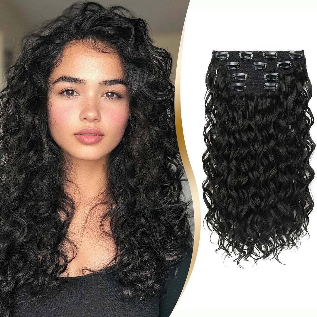 Clip in Hair Extensions 4 PCS, 16 Inch Short Wavy Curly Clip on Hair Extension, Thick Natural & Soft Synthetic Hairpieces for Women (Natural Black)