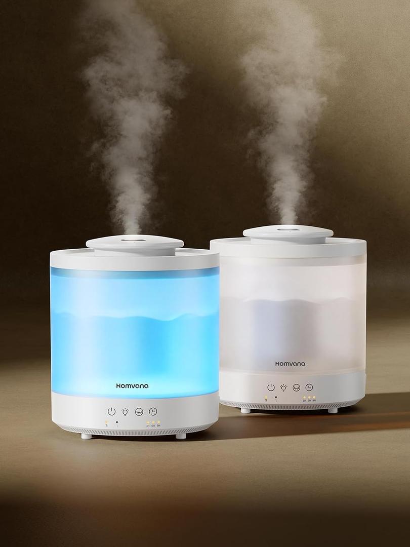 Homvana Small Humidifiers for Bedroom - 1.5L Cool Mist Top Fill Humidifier for Baby Nursery, Essential Oil Diffuser, 3 in 1 for Home Plants Offices and Grow Tents, 7 Color Lights, Ultrasonic (2 Packs)