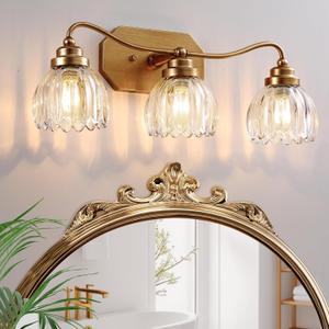 Vintage Bathroom Light Fixtures, Gold Bathroom Vanity Light, Matte Antique Brass Finish with Crystal Glass Shade, Wall Sconces Lighting for Bedroom, Living Room, Hallway (Gold, 3-Light)