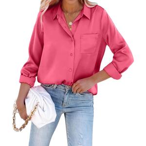 Pausus Satin Button Down Shirts for Women Long Sleeve Slim Fit Office Blouses Casual Business Silk Tops with Pocket (Large)