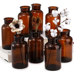 TOPZEA Set of 8 Amber Glass Vase, 17oz Boho Flower Vase Bud Vases Decorative Brown Medicine Glass Bottles Vintage Small Apothecary Jars for Home Dcor, Dining Table, Wedding Centerpiece, Bridal Shower (500ml / 17 ounce)