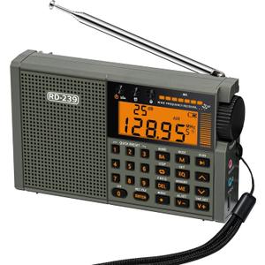 Multiband Shortwave Radio AIR/VHF/AM/FM/SW/Weather Bands Transistor with TF Card/Flashlight,Key Backlight, Digital Record, Alarm Clock Powered by AA and Lithium Battery(Green)
