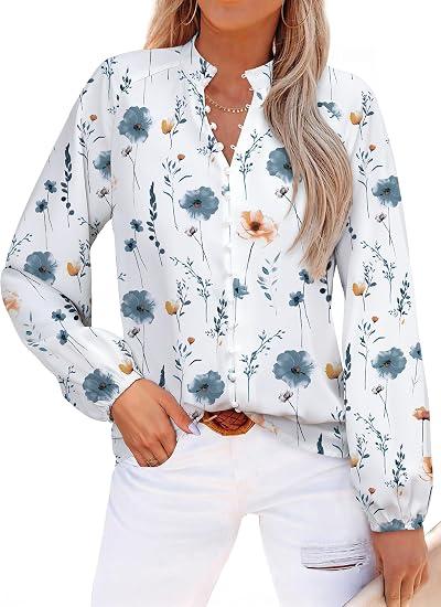 AGSEEM Women's Lantern Long Sleeve Blouse Button Down Floral Printed Chiffon Boho Shirts Business Work Dressy Casual Tops Fall Outfit 2025, Large