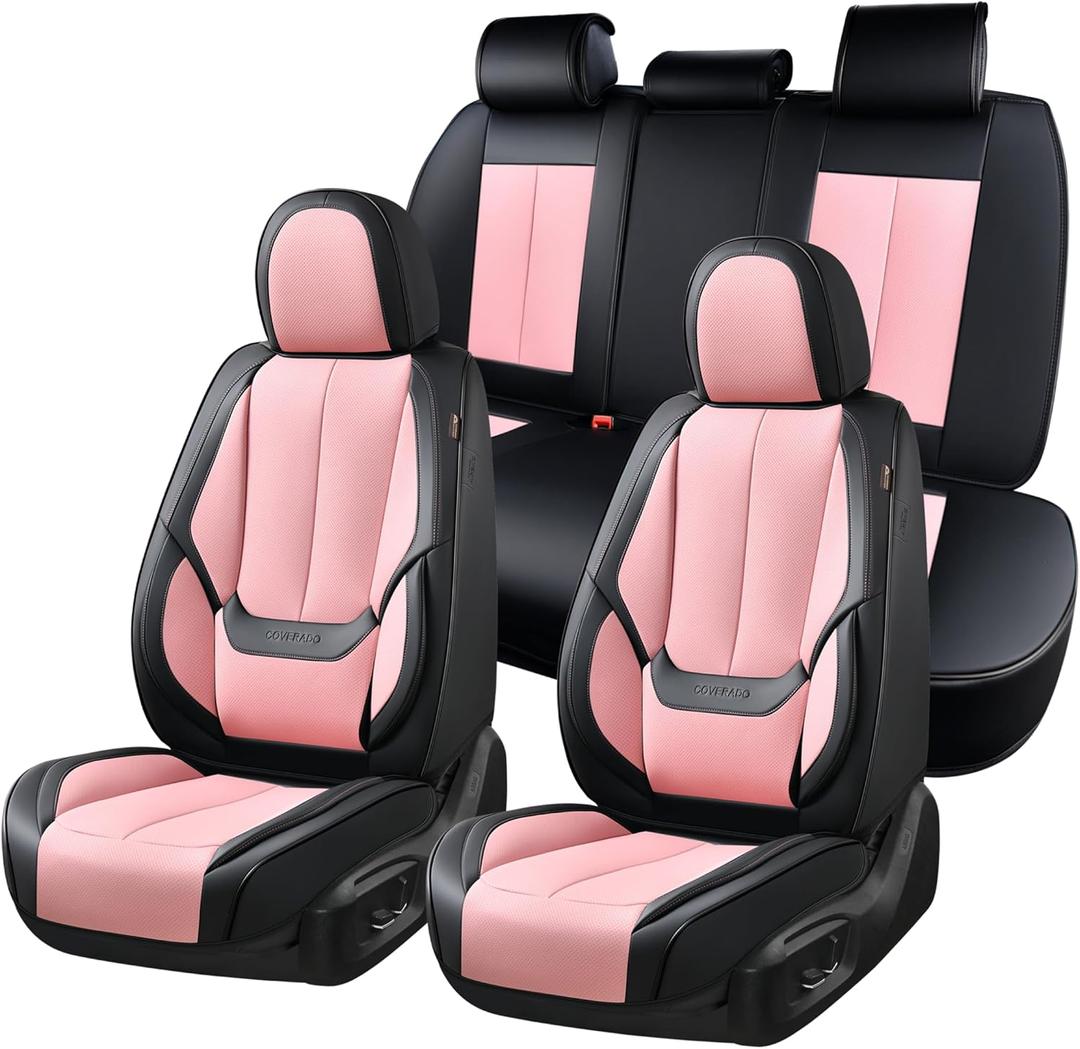 Coverado Car Seat Covers Full Set, Seat Covers for Cars, Black Car Seat Covers Front Seats and Back Car Seat Protector Waterproof, Leather Car Seat Cushion Universal Fit for Most Cars, Pink