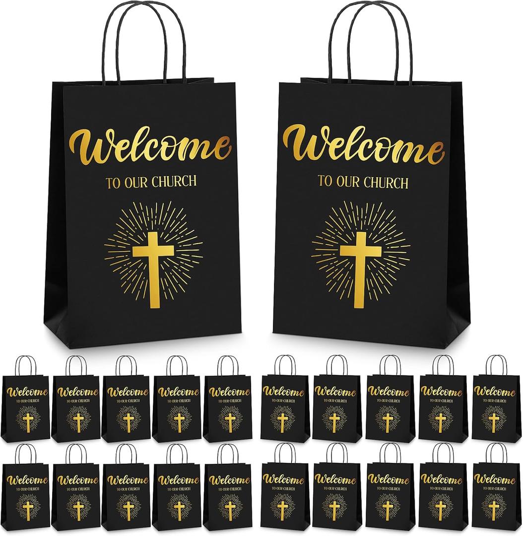 Chuangdi 50 Pcs Church Welcome Gift Bags Christian Paper Welcome to Our Church Religious Bags with Handles for Guest Baby Shower Baptism Birthday Party,5.9 x 3.15 x 8.27 Inch(Black)