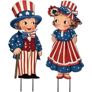 4th of July Decorations Outdoor, Patriotic Boy Girl Metal Yard Signs with Stakes, Independence Day,250th Years America Anniversary Decorative Signs for Garden Lawn Pathway Patio Outside Party Supplies