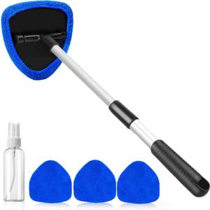 desin Windshield Cleaning Tool, Car Window Cleaner Windshield Cleaner with 4 Reusable and Washable Microfiber Pads and Extendable Handle Auto Inside Glass Wiper Kit (Dark Blue)