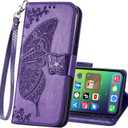 HAOTP for iPhone 14 Pro Wallet Case,PU Leather Flip Protective Phone Case Wrist Strap Credit Card Holder Pocket Emboss Butterfly Flower Kickstand Case for iPhone 14 Pro Purple
