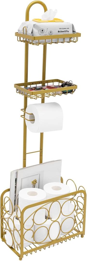 Oasis Creations Toilet Paper Holder Tissue Rack Stand with Magazine Toilet Roll Storage Basket- Freestanding, Gold Metal