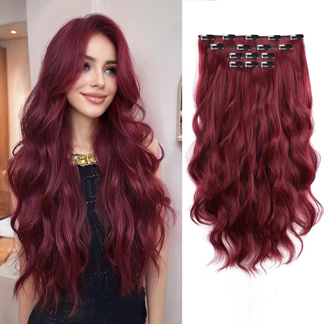 Clip in Extension 22 Inch Long Wavy Synthetic Seamless Curled Clips on Hair Extensions 4PCS Hairpieces Soft and Not Easily Knotted for Women Burgundy