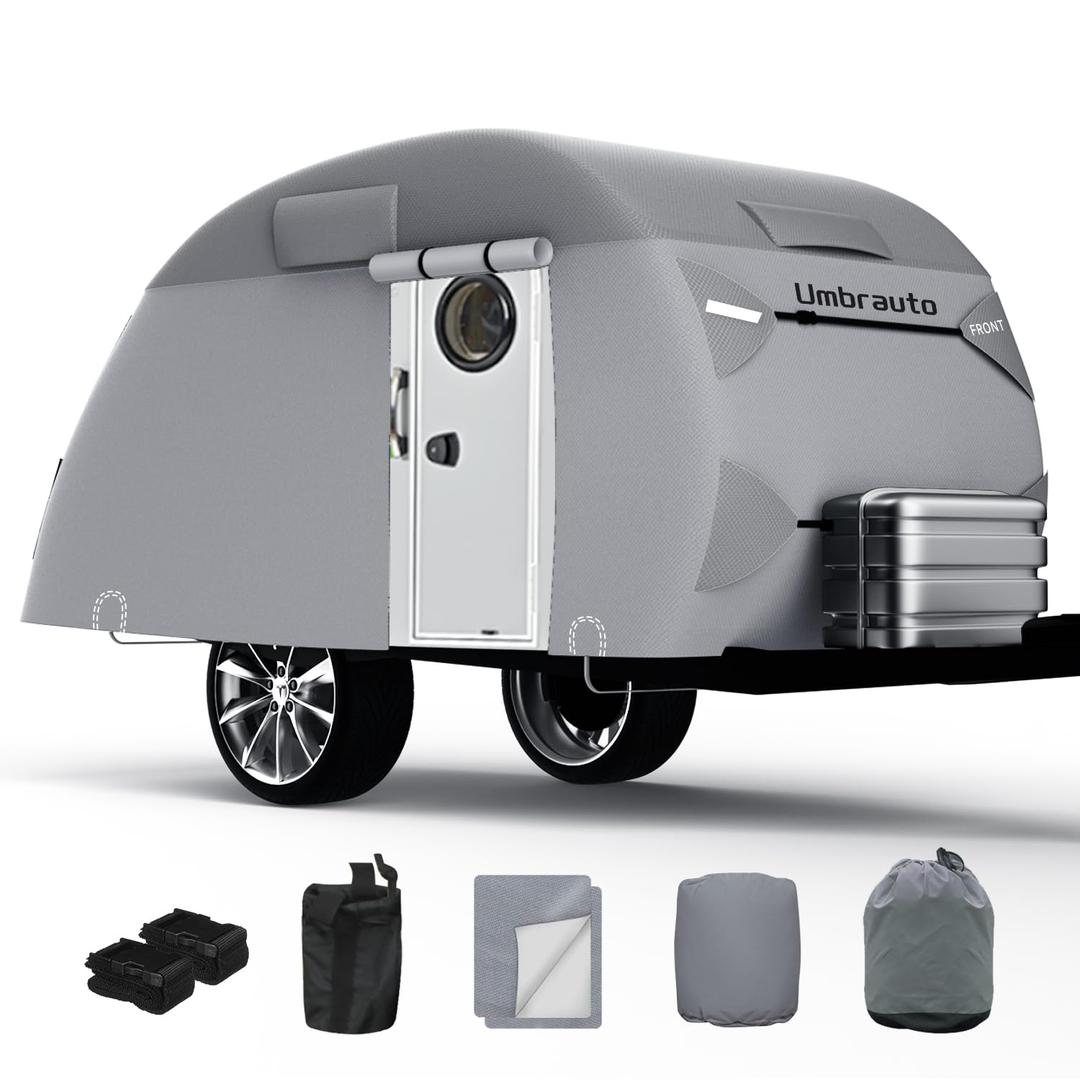 Umbrauto Teardrop Travel Trailer Cover - 8'-10' Fits R-Pod & Clamshell Trailers, 7 Layers Top Heavy Duty Waterproof Camper Cover with Windproof Strap