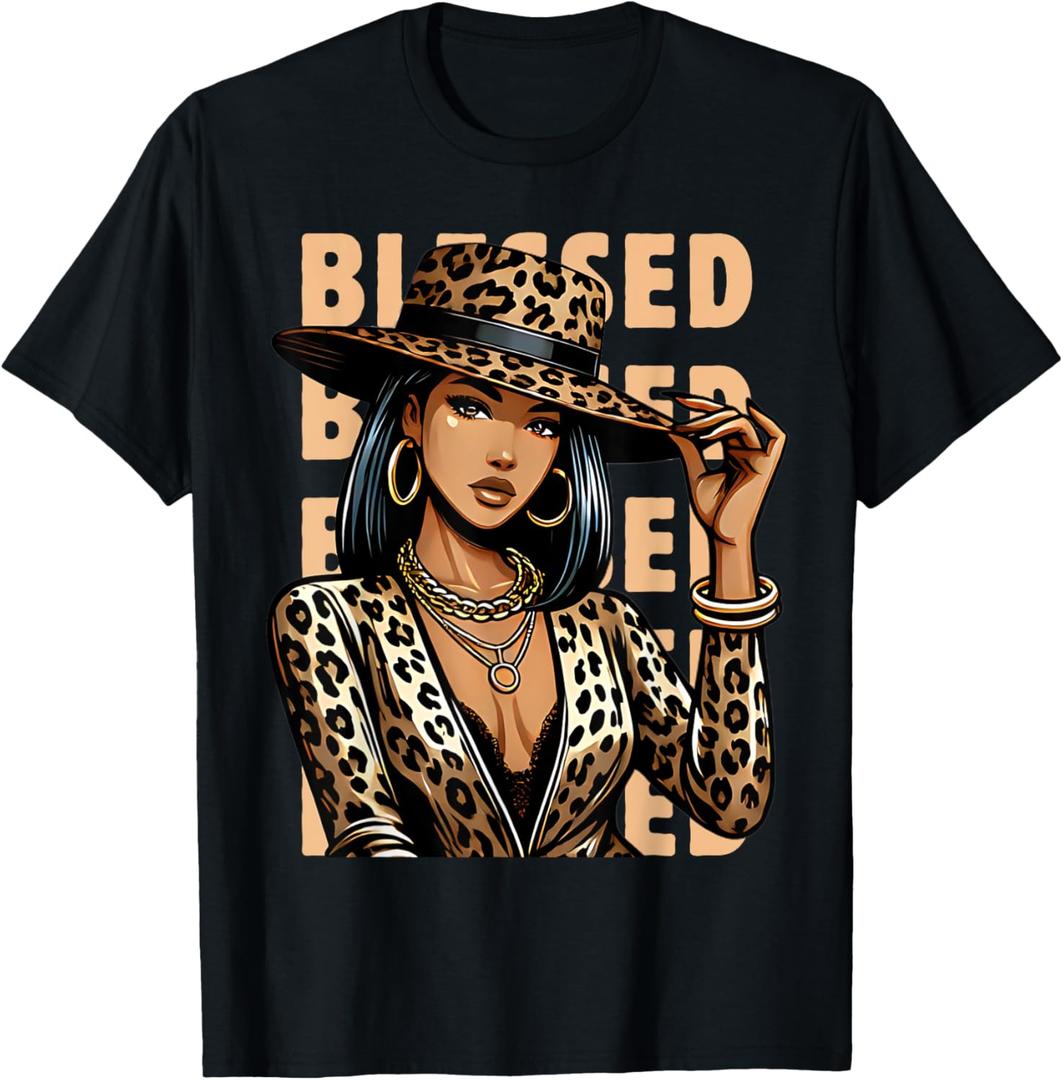 Blessed Black Cowgirl Leopard Western Swag African Christian T-Shirt (Small)