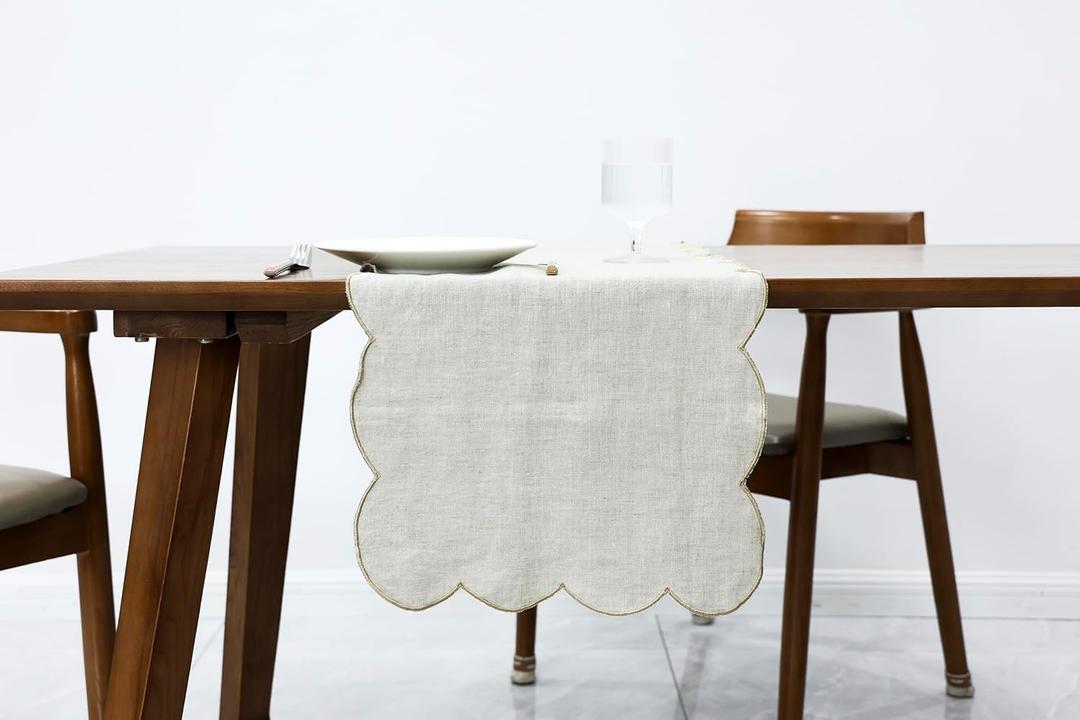 100% Linen Scalloped Embroidery Table Runner 36 Inches, Linen Table Runner 14 x 36 Inch Ideal for Dresser and Dining Tables Decor, Machine Washable, 1-2 Sets, All Seasons, Linen(Edges-Gold)