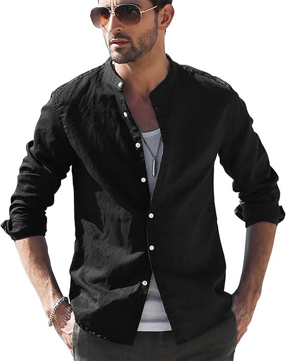 Men's Casual Cotton Shirt Long Sleeve Band Collar Henley Shirt Tops Black XL