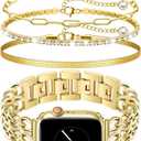 Gold Watch Band and 3Pc 14k Gold Bracelet Set Compatible with Apple Watch Band 38/40/41/42mm (S10) Adjustable Metal Band Cowboy Steel Chain Bracelet for iWatch Series1/2/3/4/5/6/7/8/9/10/SE (No Case)