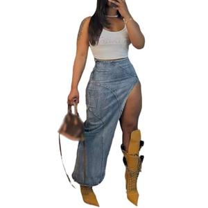 Tbahhir Long High Slit Skirt Denim for Women Sexy High Waisted Jean Skirt Maxi Slim Fit Y2k Streetwear Fall Club Party, XL