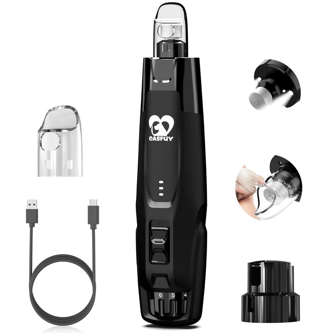 Casfuy New 6-Speed Dog Nail Grinder - 50% More Power Dog Nail Trimmers with 2 LED Lights Quiet 7h Running Time Electric Pet Nail Grinder File Toenail Grinder for Large Medium Small Dogs & Cats (Black)