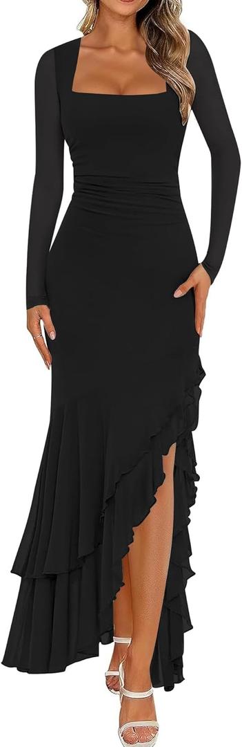 BORIFLORS Women's Bodycon Ruched Mesh Long Sleeve Maxi Dress Mermaid Ruffle Formal Cocktail Party Long Dresses, Size S (Black)