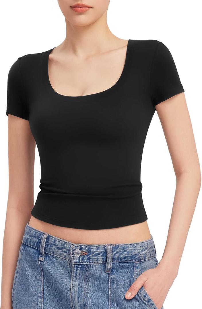 PUMIEY Women's T Shirts Short Sleeve Scoop Neck Basic Going Out Tops Fashion Slim Fit Tee Smoke Cloud Pro Collection (Medium)