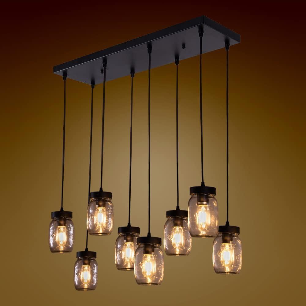 Wellmet 8-Light Mason Jar Chandelier for Dining Room, Farmhouse Rustic Linear Cluster Pendant Light Fixture for Living Room, Kitchen Island Lighting, Matte Black Finish with Glass Shades