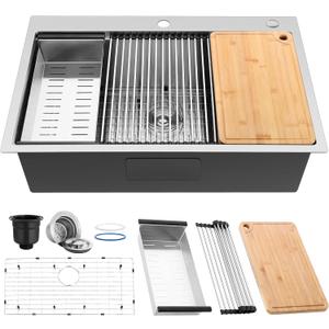 Herogo 33 X 22 Workstation Kitchen Sink, 10" Deep Drop In 18/10 Stainless Steel Topmount Single Bowl 2-Hole R10 Tight Radius Large Kitchen Sinks with Kit of 5 Accessories