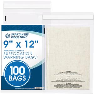 Spartan Industrial - 9" X 12" (100 Count) Self Seal Clear Poly Bags with Suffocation Warning for Packaging, T Shirts - Permanent Adhesive