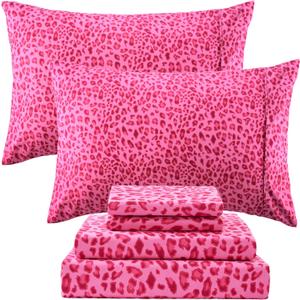 Full Leopard Print Sheets, Cheetah Pattern Full Size Sheet Set with Elastic Corner Straps, Soft Microfiber Animal Bedsheet, Hot Pink