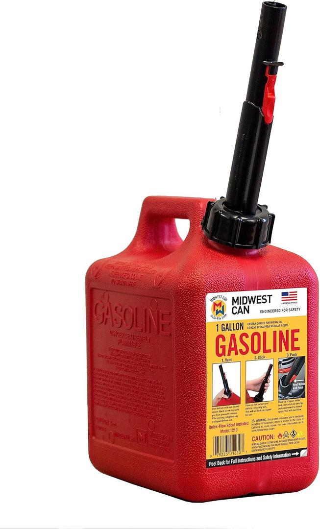 Midwest Can 1210 Safe-Flo Auto Shut Off 1 Gallon Gas Can  Durable Fuel Containers with FlameShield Safety System & Quick-Flow Spout - Red - 1 Pack