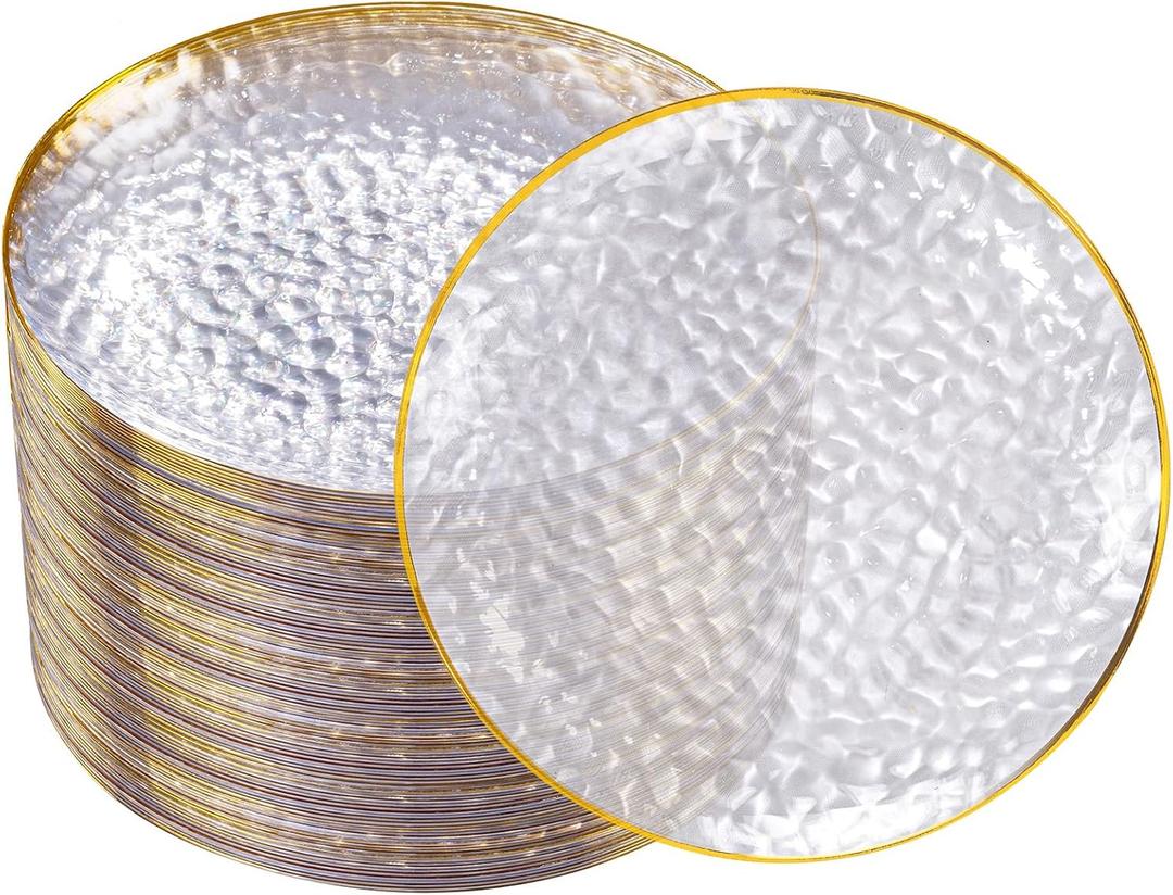 DaYammi 100 Pcs Clear Gold Plastic Plates, Hammered Party Plate, Fancy Plastic Plates Disposable Clear Disposable Dessert Platos, 7 Inch Heavy duty Plastic Dessert Platos for Party & Wedding