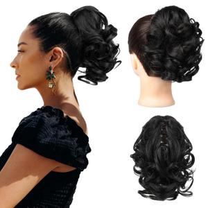 REECHO Ponytail Extension, 9" Short Curly Wavy Claw Clip Pony tails Hair Extensions HP001 Hairpieces for Women - Black