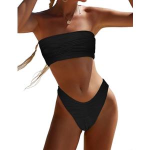 YIMISAN Women's Two Piece Bandeau Swimsuit Ribbed Strapless Tube Bikini Top with Mid Waist Cheeky Bottom Bathing Suit, L