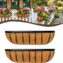 2 Pcs 24 Railing Planter Window Box Deck Railing Planter Boxes with Coco Liner English Horse Trough Planters Metal Wall-Mounted Planters Basket for Outdoor Balcony Porch Fence Patio Rail