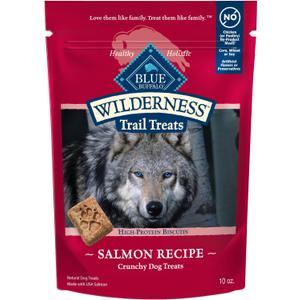 Blue Buffalo Wilderness Trail Treats High Protein Grain Free Dog Biscuits Crunchy Dog Treats, Salmon Recipe, 10-oz Bag, Best By: Aug 04 2025