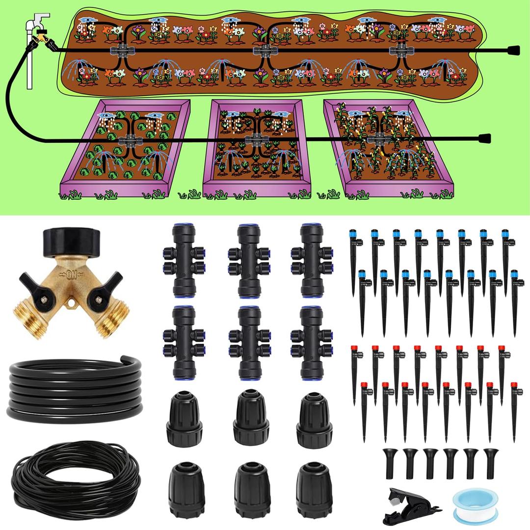 233FT Drip Irrigation System Kit with Quick-Connect System,33FT 1/2" Mainline & 200FT 1/4" Tubing,Brass Y-Type Splitter,Adjustable Nozzle Types.Efficient Sprinkler System Kit