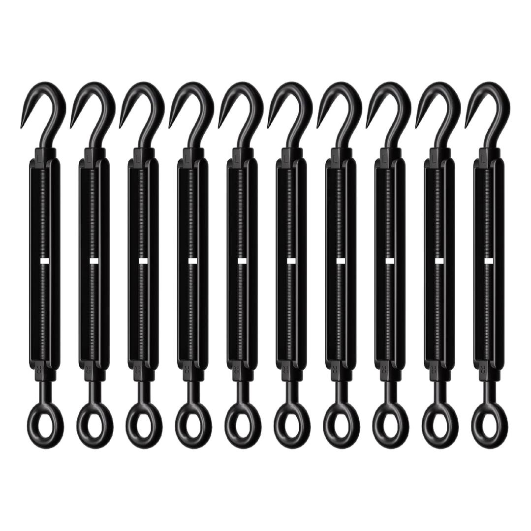 10 Pack Black Stainless Steel M5 Hook and Eye Turnbuckle, Heavy Duty Wire Rope Tensioner, Adjustable Hardware Kit for DIY String Light and Picture Hanging, Shade Sail, Cable Tightening