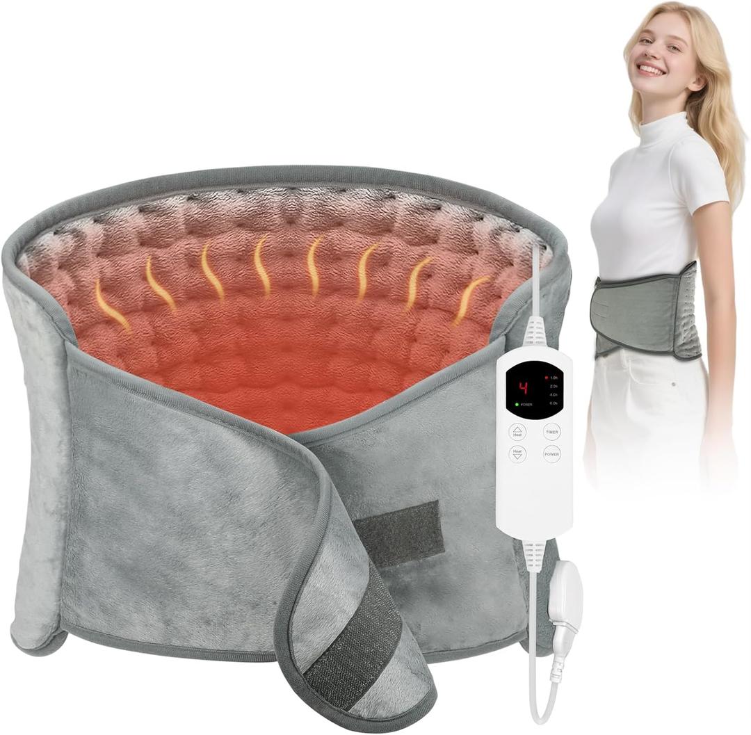 Heating Pad for Back & Period Cramps, 12"x24" Large Electric Heating Pad with 26" Waist Belt, 6 Heat Levels 4 Timers & Auto Shut Off, Gift for Women Men Mom Dad(Gray)