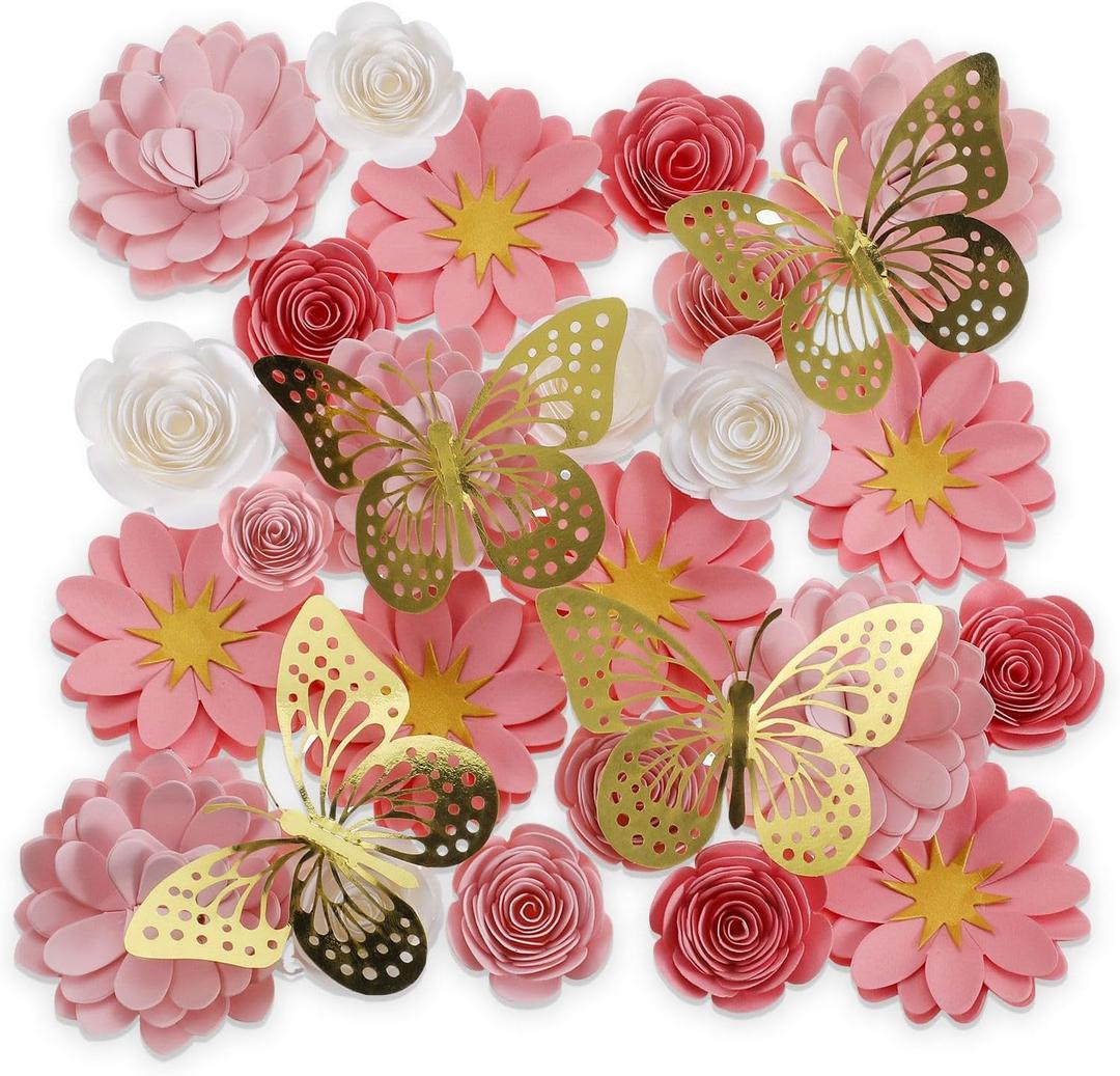 MotiMind 39 Pcs Graduation Cap Decorations Kit Including 25 Rose Heads Paper Flowers 12 3D Gold Butterfly Stickers 1 Self Adhesive Pearl 1 Rhinestones Stickers for DIY Graduation Cap(Pink)