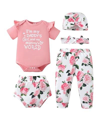 SUNNY PIGGY Baby Girl Clothes Infant Newborn Girls Outfits Romper with Headband Hat Pants Shorts Set 5Pcs 6-12 SUNNY PIGGY Baby Girl Clothes Infant Newborn Girls Outfits Romper with Headband Hat Pants Shorts Set 5Pcs 6-12