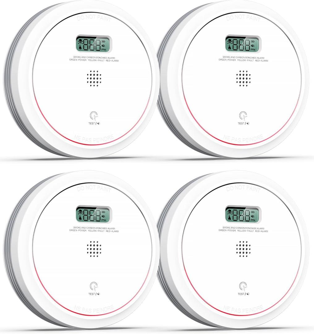 Smoke and Carbon Monoxide Detector Combo 10 Year Battery, Dual Sensor Smoke Alarm Carbon Monoxide Detector with LCD Display for Home, 4 Packs