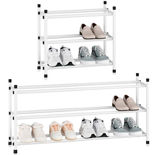 STORAGE MANIAC Expandable Shoe Rack, 12 Pairs Stackable Small Shoe Rack, Metal Adjustable Shoes Organizer for Closet, Entryway, Hallway, Garage, Front Door, Shoes Shelves, White 2Tier