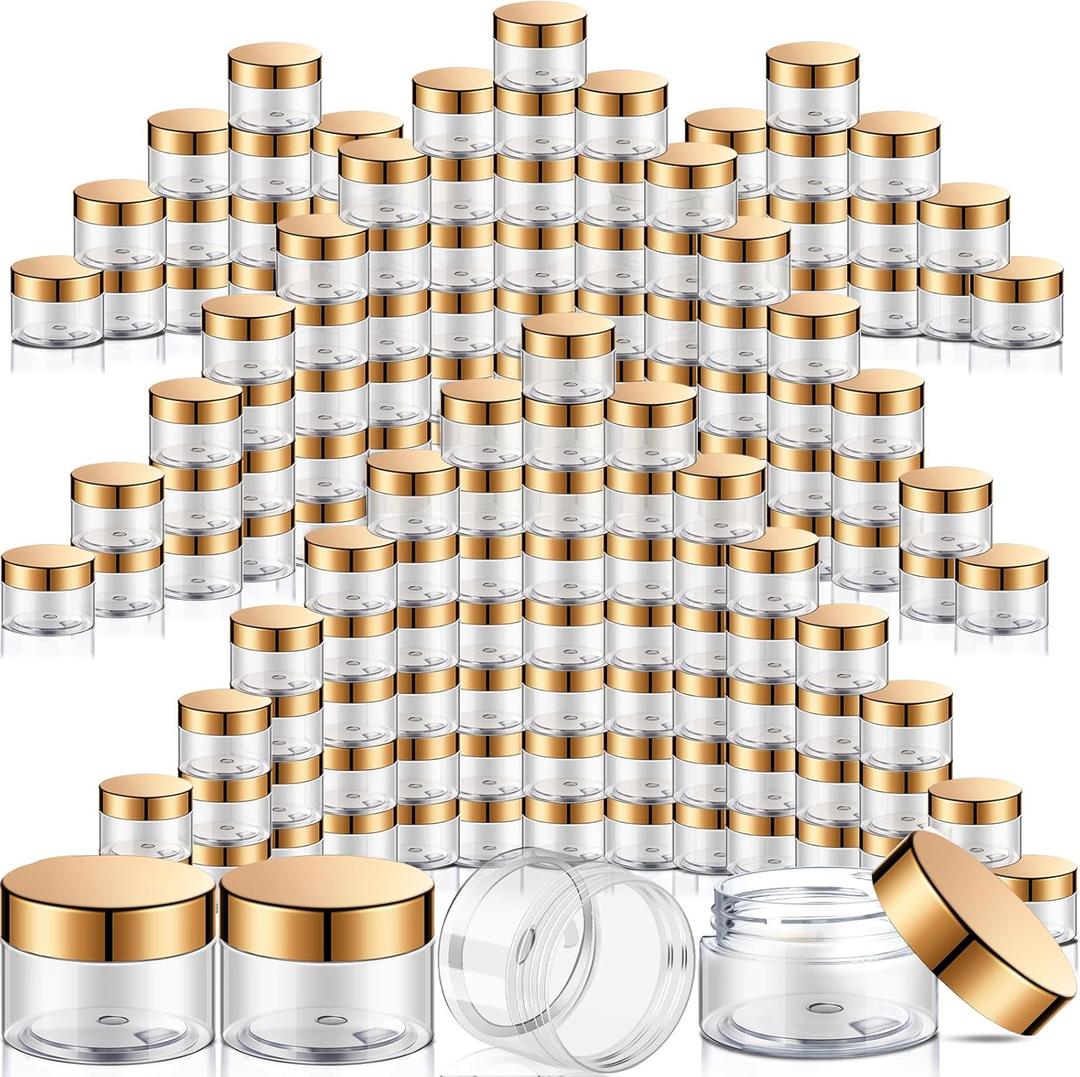 SATINIOR 100 Pcs Plastic Jars with Lids Small Containers Lids Wide Mouth Small Plastic Containers for Lotion Cream Rhinestones Body Butters Travel Storage (2 oz,Clear with Gold Lid)