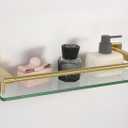 Glass Shelf/Shelves 16IN for Bathroom Gold Rectangular Stainless Steel Tempered Glass Modern Wall Mount Shelf Sink Over Toilet Bathroom Organizer (Brushed Gold, 16) (16 with Railing)